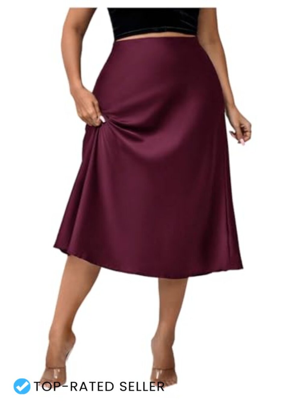Plus Size High Waisted A Line Midi Skirt Flowy Satin Evening